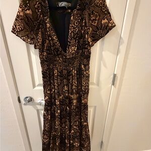 Anthropologie Tan and Black Printed V-Neck Maxi Dress with Smocked Waist